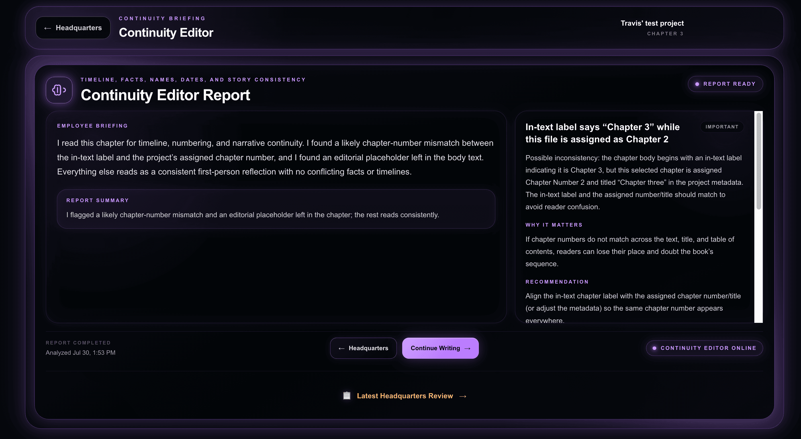 AuthorForge Continuity Editor report showing timeline, facts, names, dates, and manuscript consistency analysis