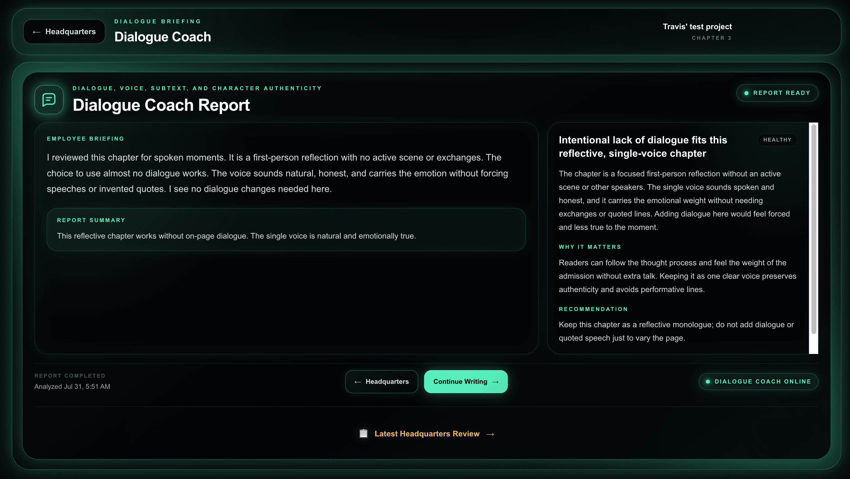 AuthorForge Dialogue Coach report showing dialogue, voice, and authenticity analysis