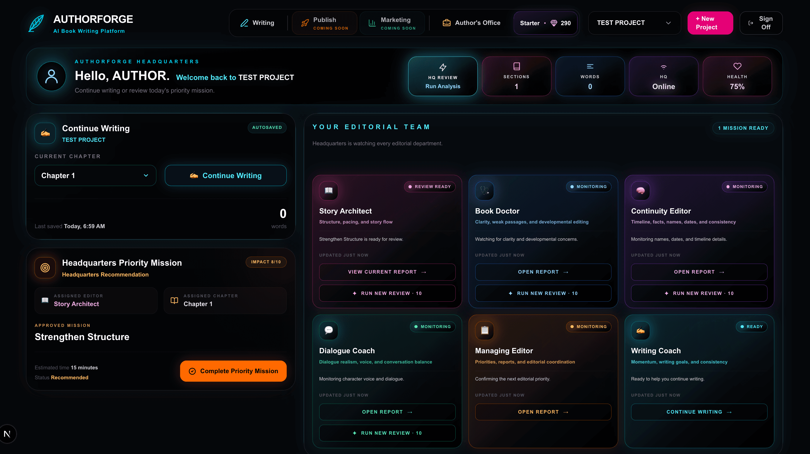 AuthorForge Headquarters showing the AI editorial team, Headquarters Review, and Priority Mission