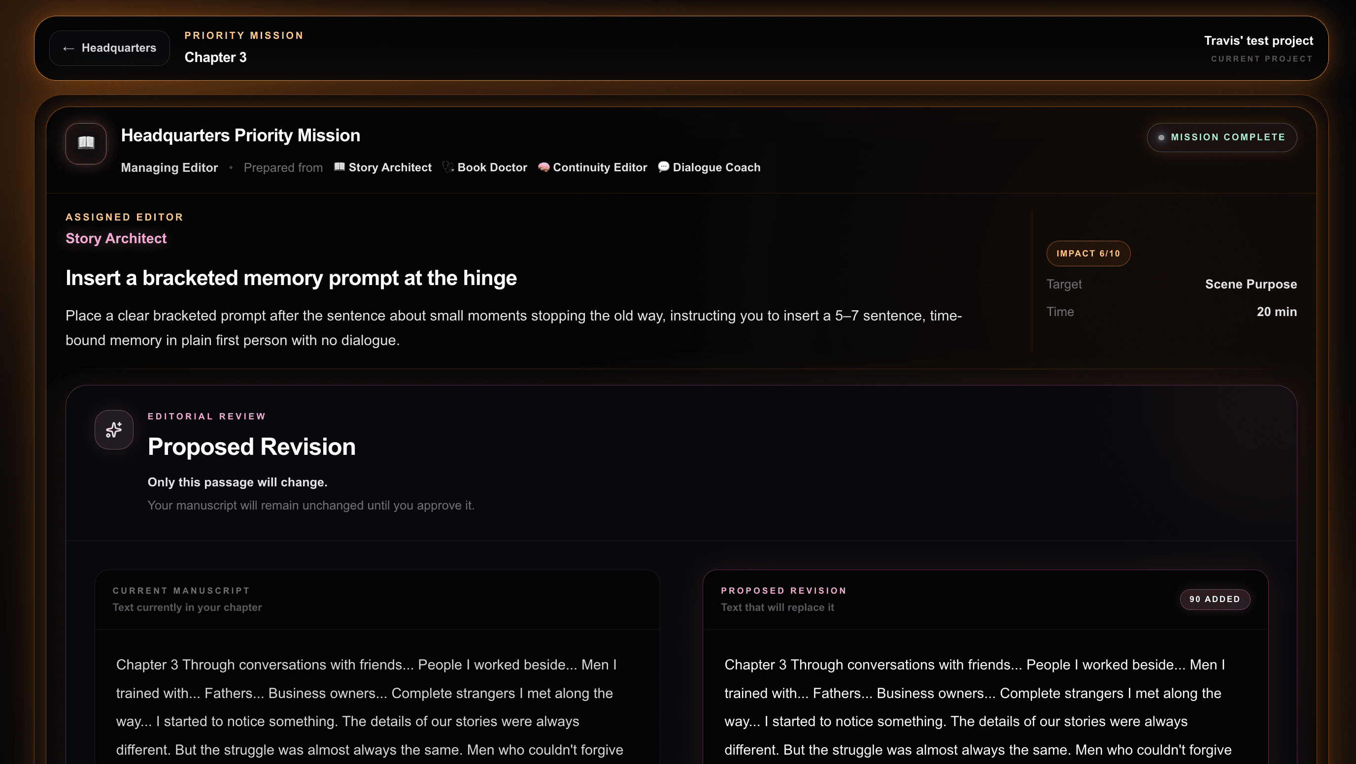AuthorForge Priority Mission showing the single highest-impact editorial task selected for the author