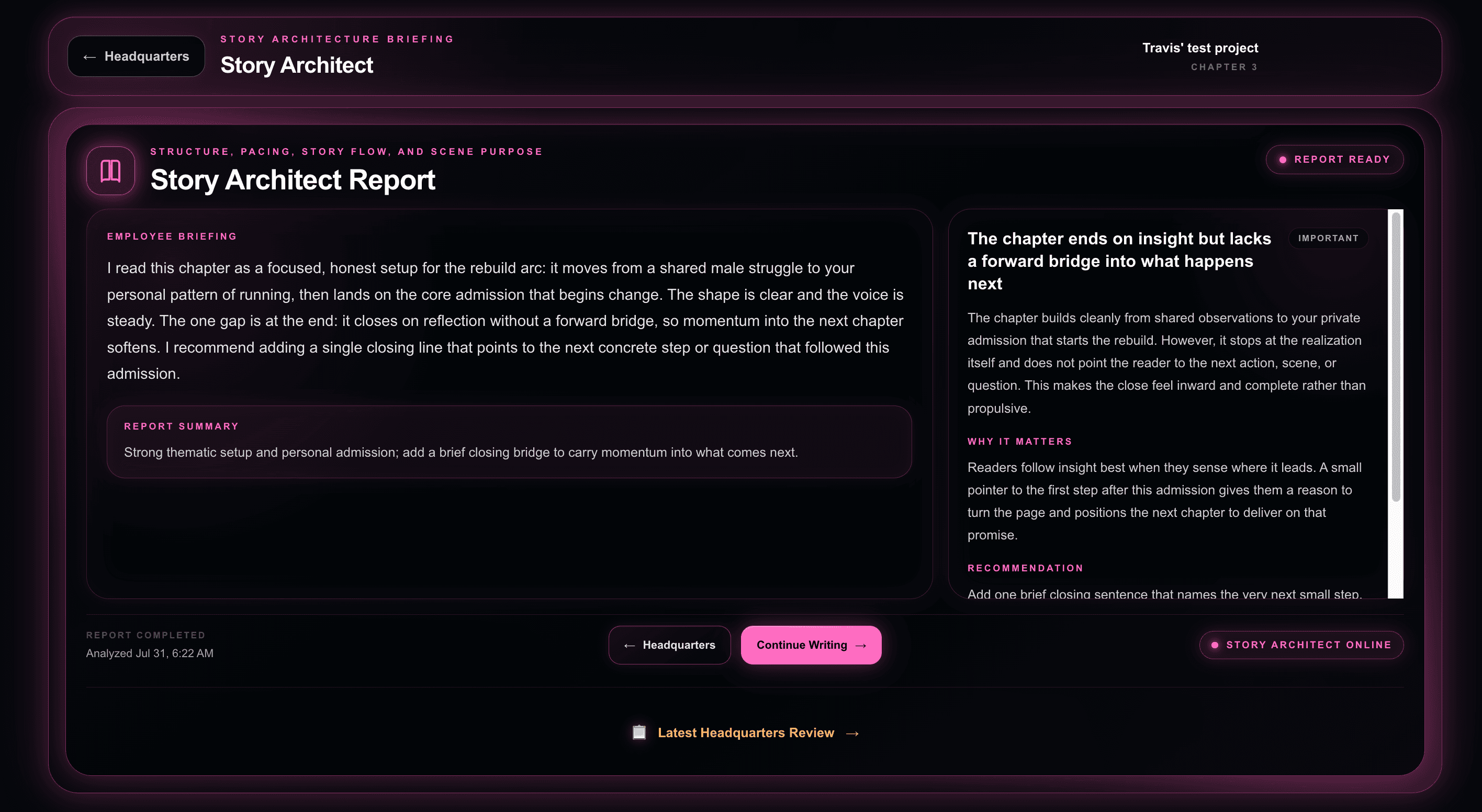 AuthorForge Story Architect report showing editorial analysis for structure, pacing, and story flow